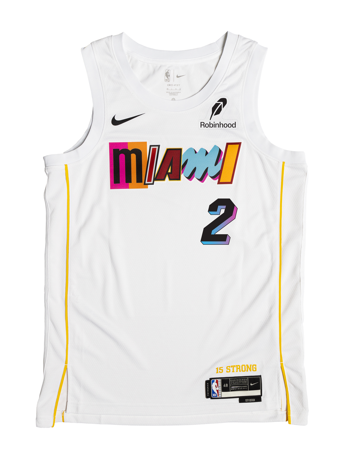 The Davion Mitchell Nike Miami Mashup Vol. 2 Swingman Jersey features a white design with colorful mismatched Miami lettering, number 2, yellow side stripes, authentic logos, sponsor details, and a 15 Strong patch in premium polyester.