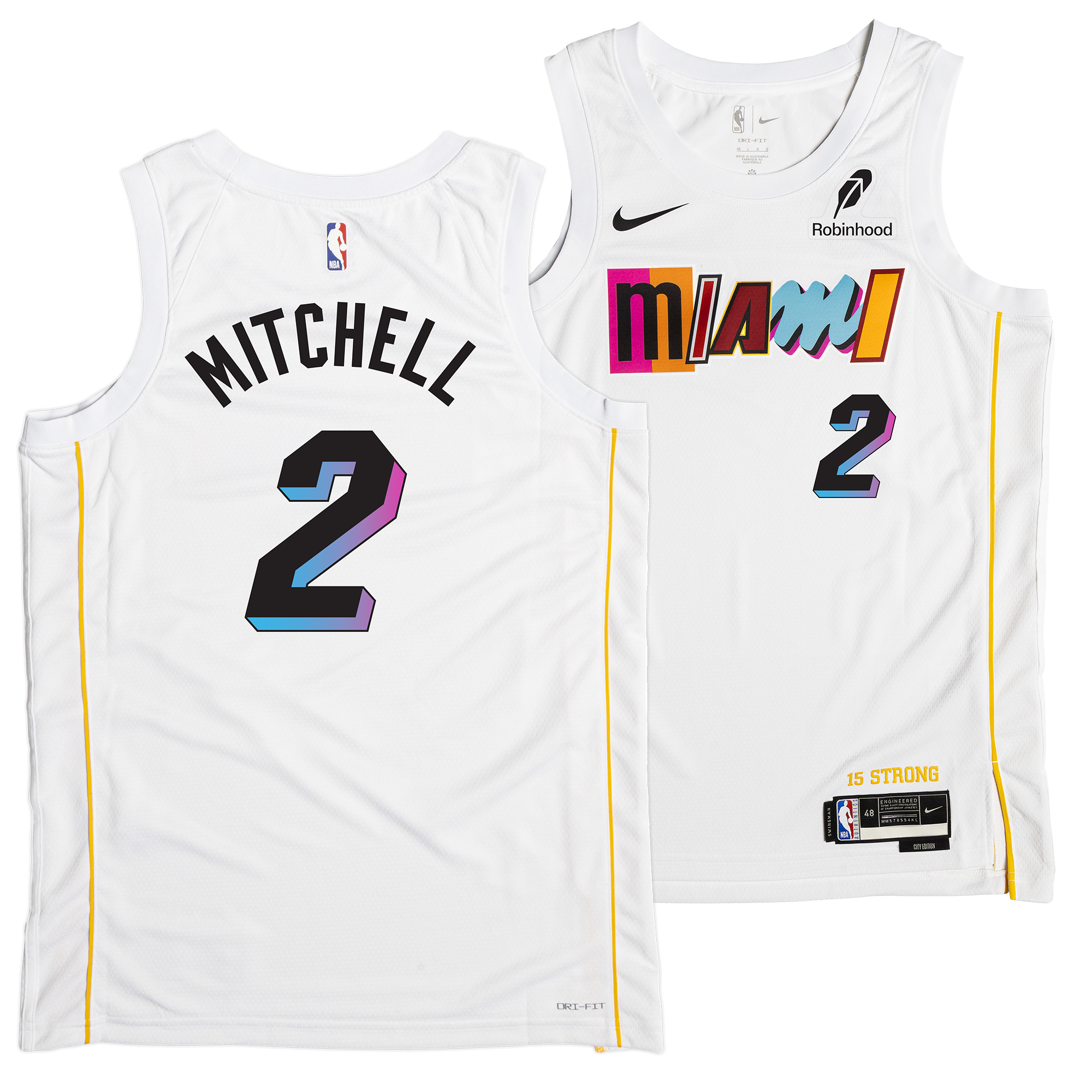 Two white Nike Miami Mashup Vol. 2 Swingman Jerseys are shown, front and back, featuring Davion Mitchell’s name and number 2 in colorful block letters, authentic team logos, vibrant Miami logo on the front, and “15 STRONG” on the lower left.