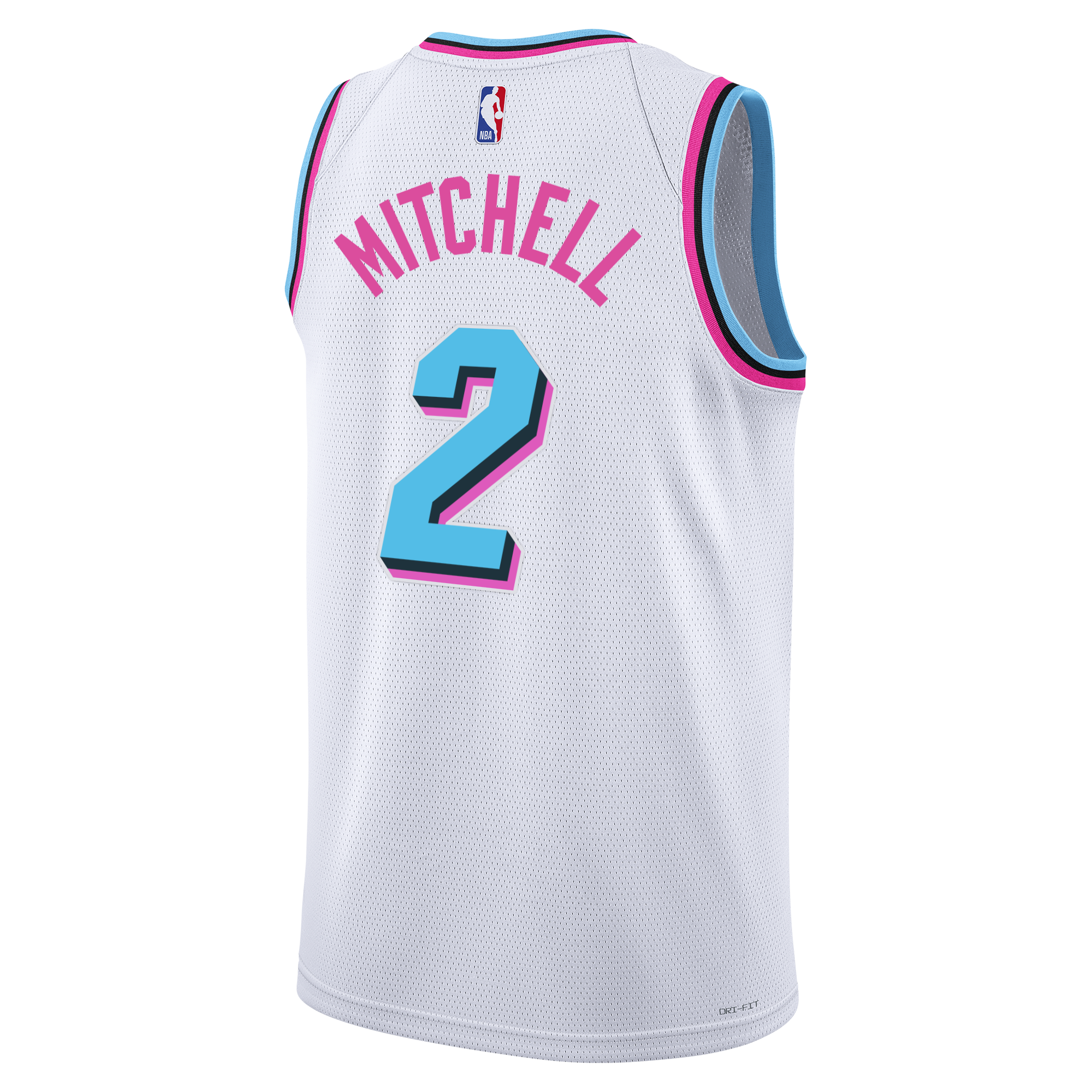 The Davion Mitchell Nike Original Vice Swingman Jersey by Nike features white fabric with blue and pink trim, the NBA logo, MITCHELL in pink letters, and a bold blue number 2—honoring Miami's iconic Vice City Edition style.