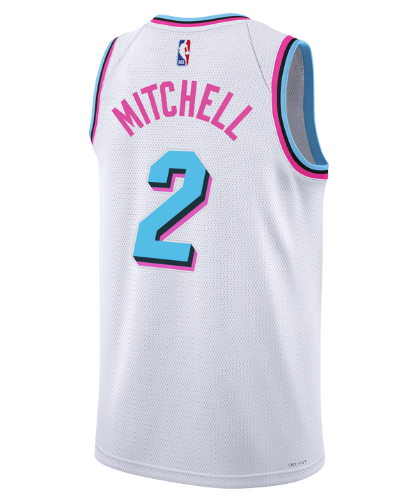 The Davion Mitchell Nike Original Vice Youth Swingman Jersey is a white Miami HEAT uniform with light blue and pink accents, “Miami” in pink script, number 2 in blue, and Nike, Robinhood, and NBA logos on the front.