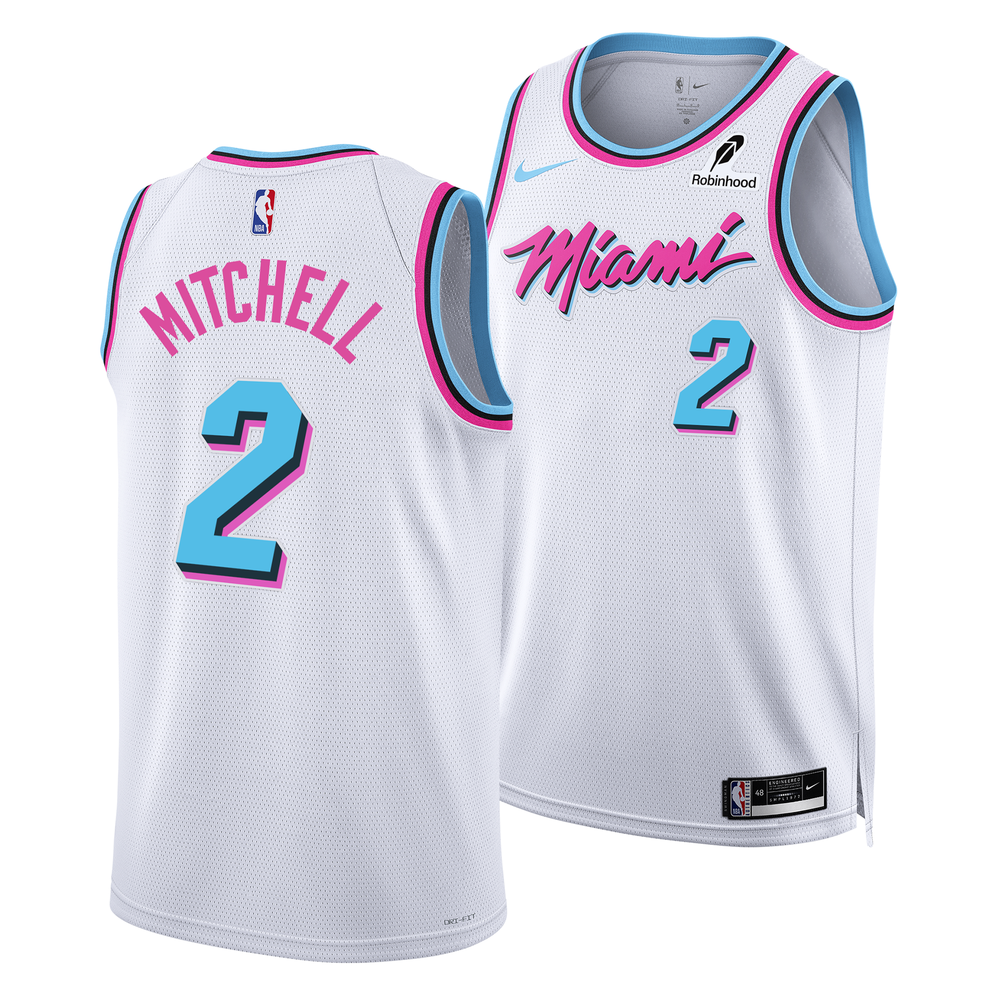 The Davion Mitchell Nike Original Vice Swingman Jersey features a white design with pink and blue accents, Mitchell’s name and number 2 on both sides, plus visible Nike and Robinhood logos, inspired by Miami HEAT’s iconic City Edition style.