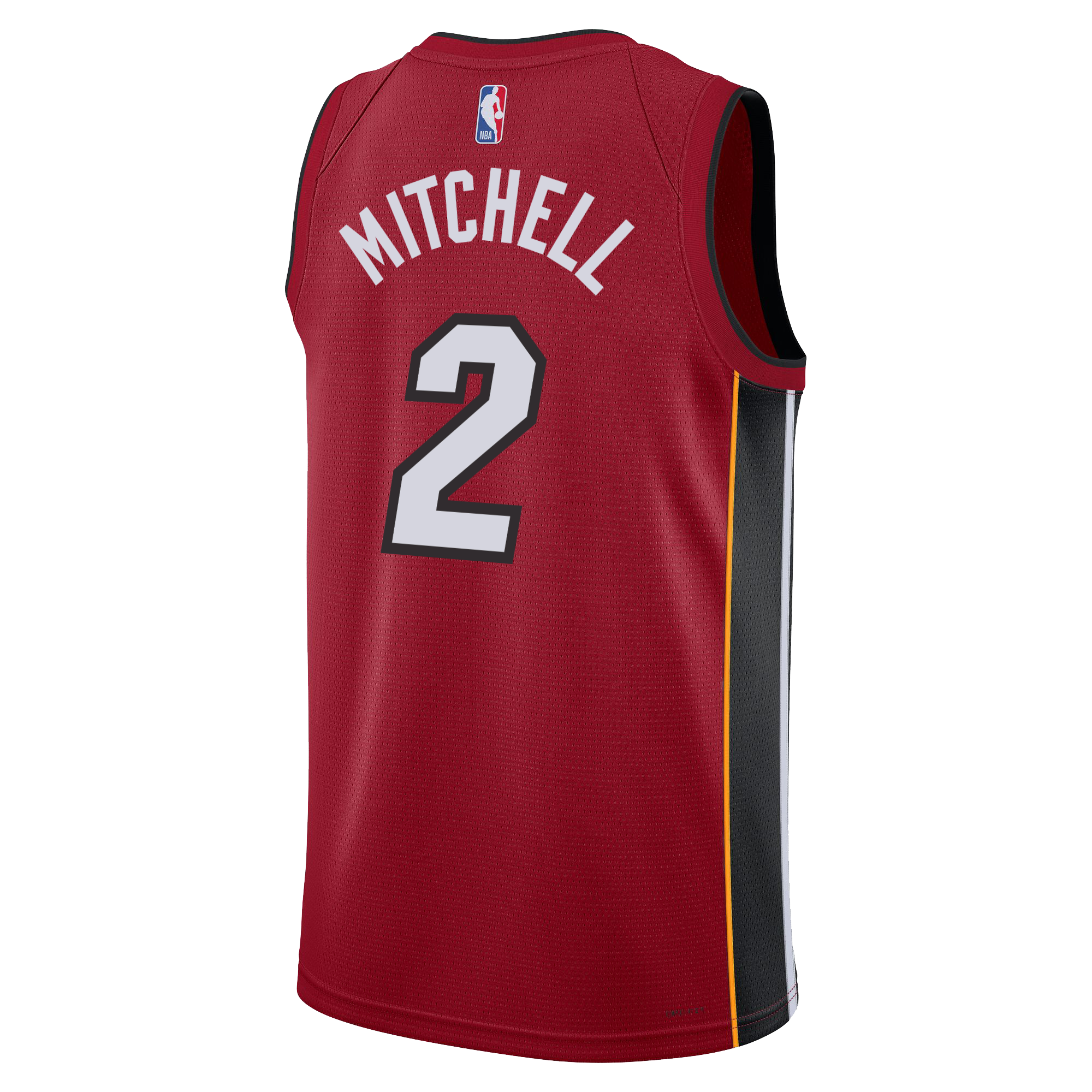 The Nike Davion Mitchell Jordan Brand Miami HEAT Statement Red Swingman Youth Jersey features MITCHELL and number 2 in white and black, Dri-FIT moisture-wicking tech, NBA logo on the back, and black/yellow side panels.