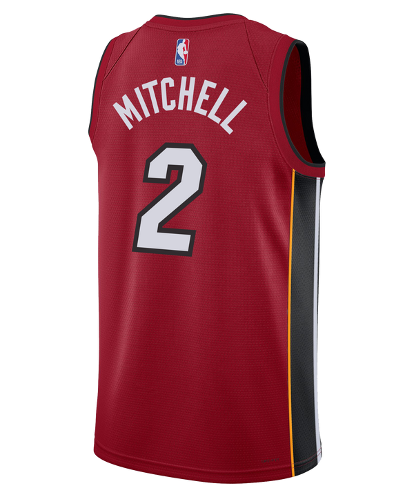 The Davion Mitchell Nike Jordan Brand Miami HEAT Statement Red Swingman Youth Jersey features number 2, gray side panels, black/yellow trim, Dri-FIT tech, sponsor & Jordan logos on the chest, and an NBA tag at the hem.