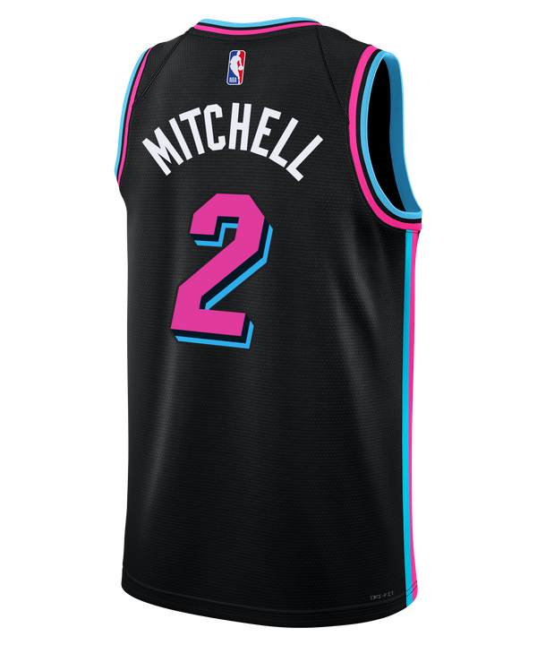 The Davion Mitchell Nike Original Vice Nights Youth Swingman Jersey features moisture-wicking Dri-FIT tech, a black base with blue and pink trim, pink 