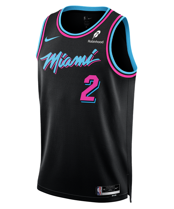The Davion Mitchell Nike Original Vice Nights Youth Swingman Jersey features moisture-wicking Dri-FIT tech, a black base with blue and pink trim, pink 