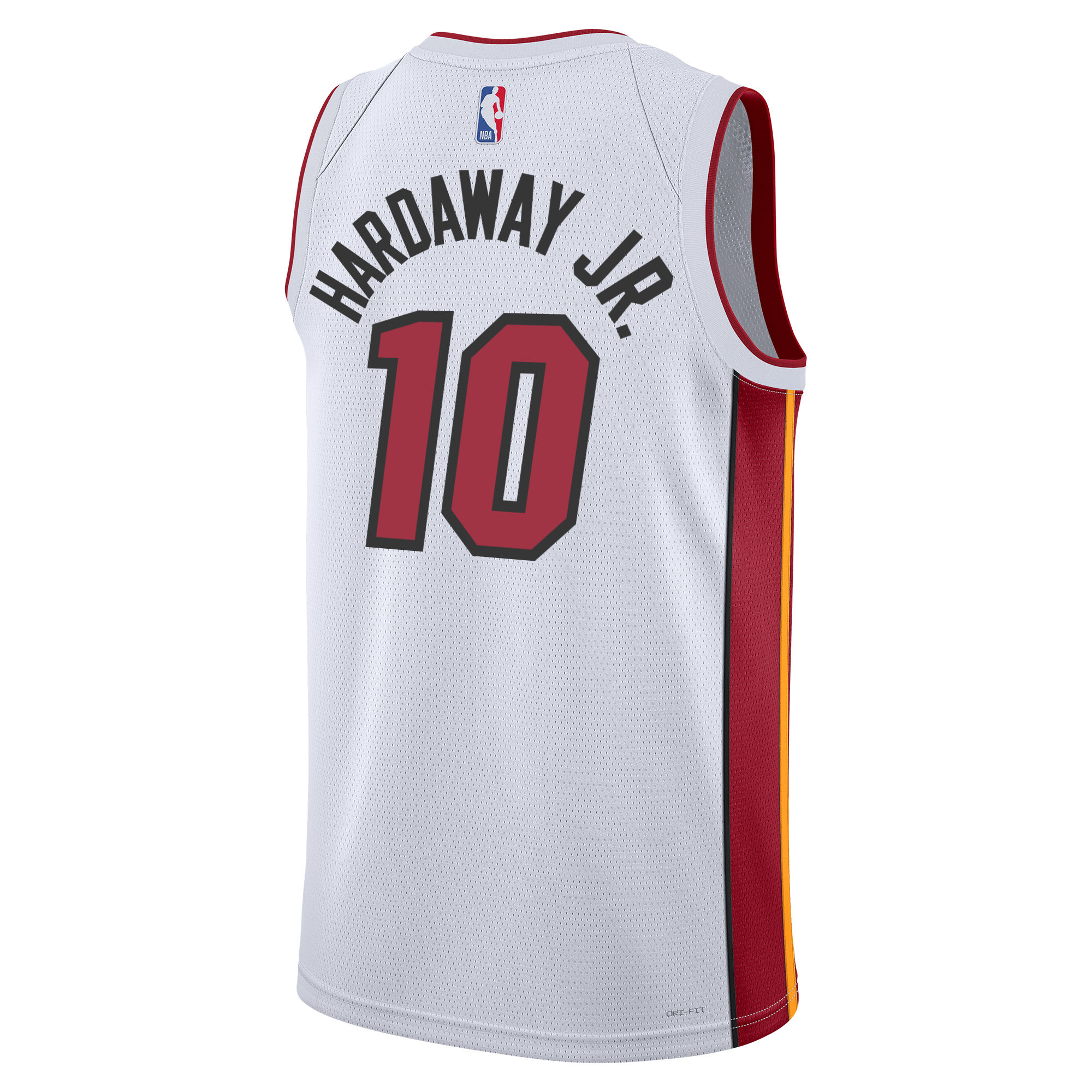 The Nike Tim Hardaway Jr. Miami HEAT Association White Youth Swingman Jersey features red and orange side panels, the name HARDAWAY JR. and number 10 in heat-applied twill, an NBA logo, and Dri-FIT technology for comfort.