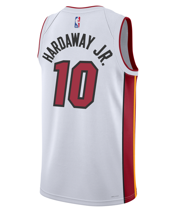 The Nike Miami HEAT Association White Youth Swingman Jersey features Tim Hardaway Jr.’s number 10, bold HEAT lettering, red accents, yellow and red side stripes, sponsor and NBA logos, plus heat-applied twill details.