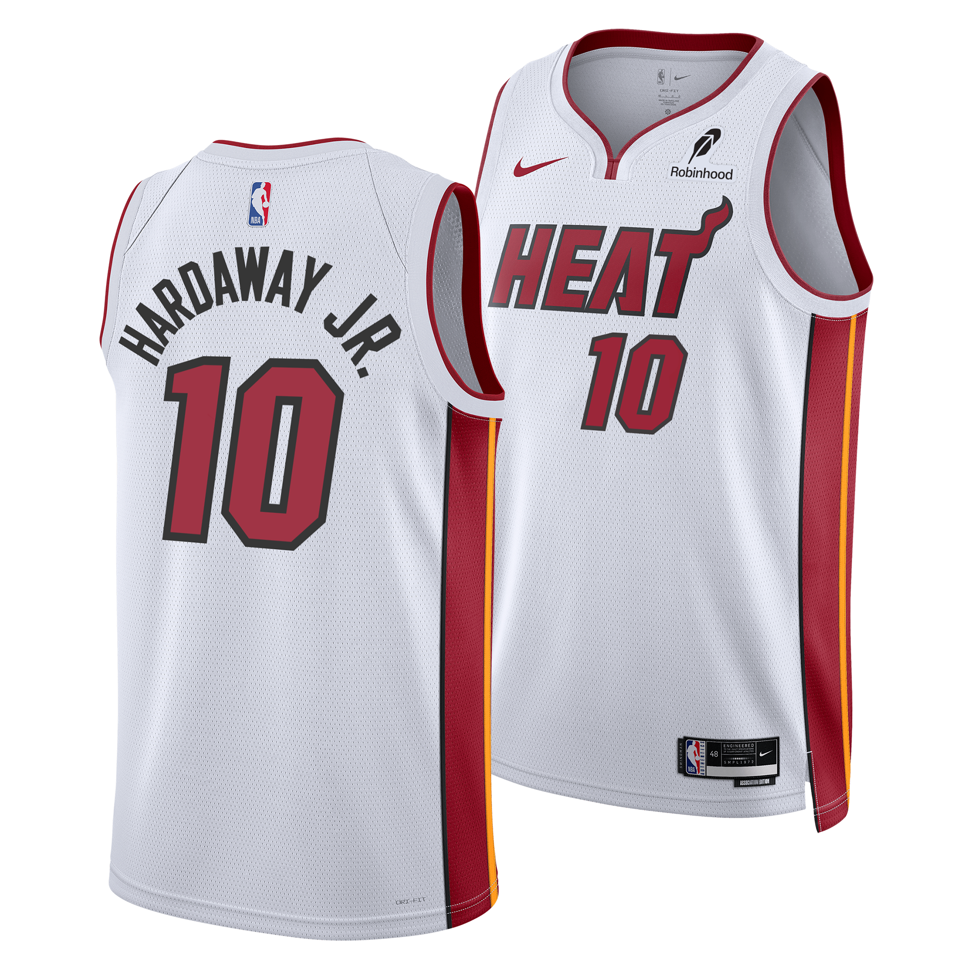 The Tim Hardaway Jr. Nike Miami HEAT Association White Youth Swingman Jersey features red and yellow side panels, heat-applied twill name and number 10, plus HEAT and #10 on the front, with Nike and NBA logos visible.