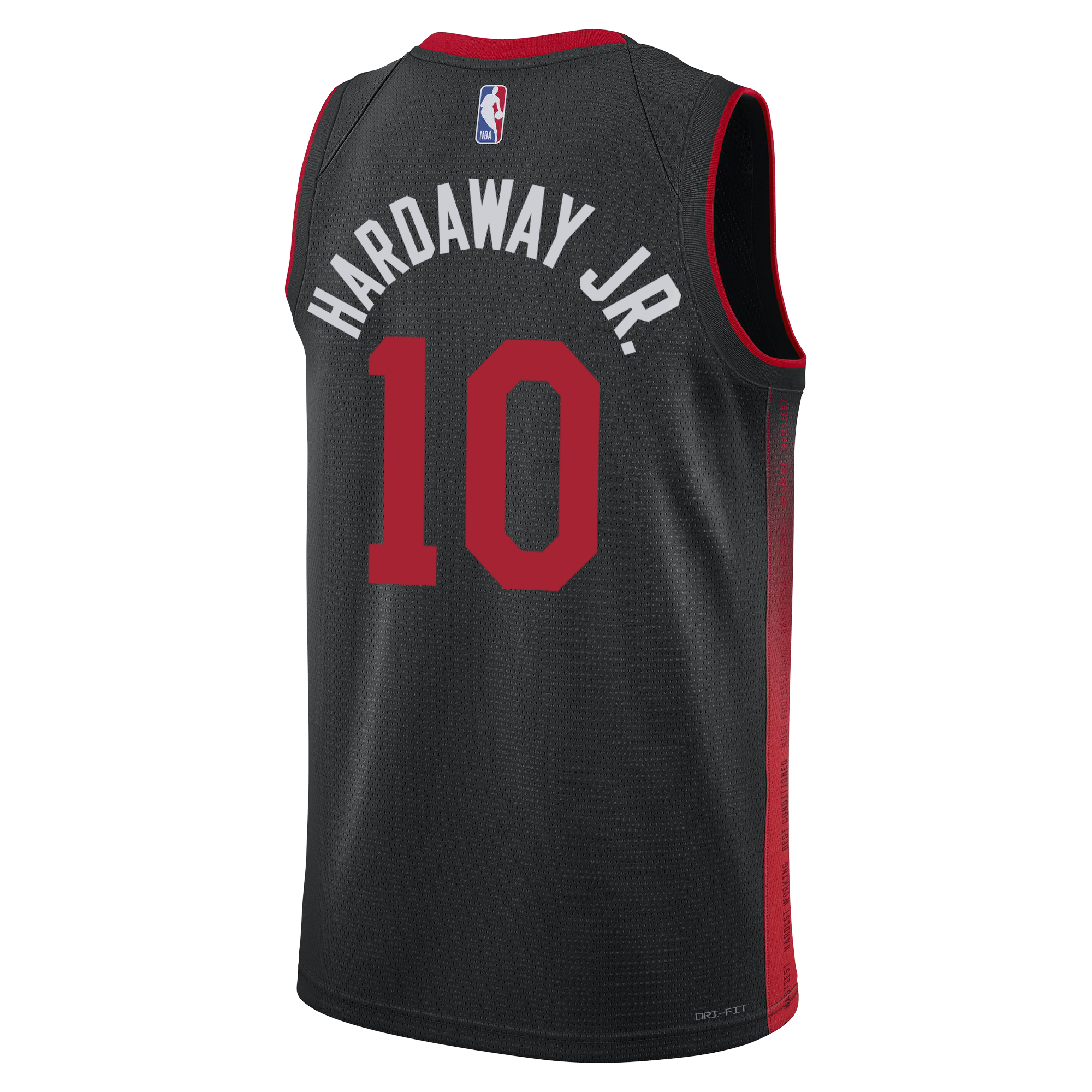 The Tim Hardaway Jr. Nike HEAT Culture Youth Swingman Jersey by Nike features a black design with red accents, white HARDAWAY JR. lettering, bold red number 10, NBA logo on the back, inspired by the 2023-24 Miami HEAT City Edition.