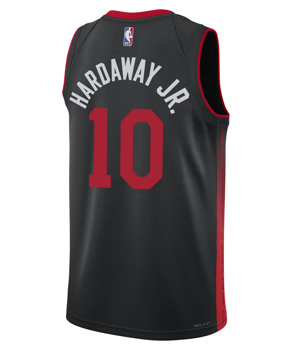 The Tim Hardaway Jr. Nike HEAT Culture Swingman Jersey is a black 2023-24 Miami HEAT City Edition uniform with red accents, featuring 