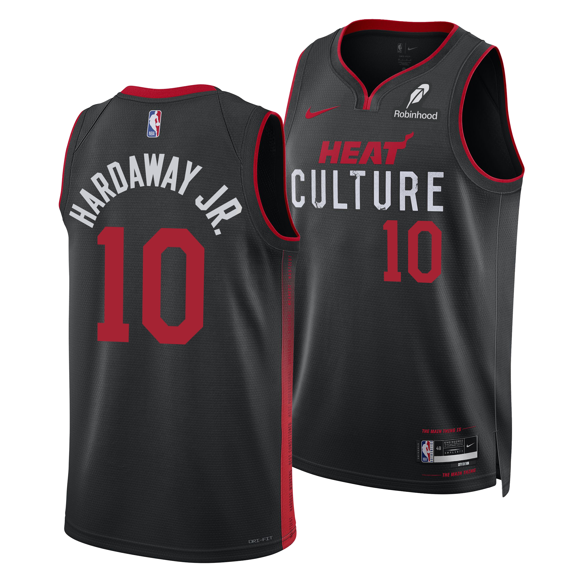 Two black Tim Hardaway Jr. Nike HEAT Culture Swingman Jerseys (2023-24 City Edition) with red trim and number 10, featuring Hardaway Jr. on the back, HEAT Culture, Nike, and Robinhood logos on the front.