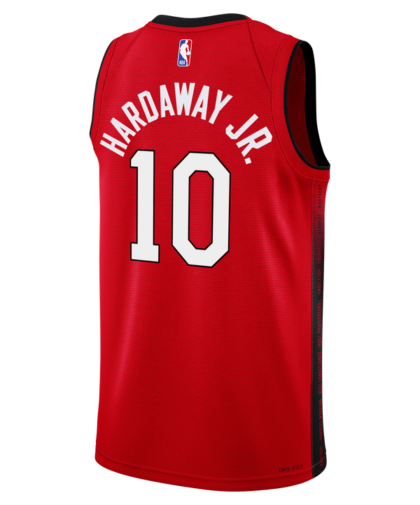 The Tim Hardaway Jr. Nike HEAT Culture: Blood Red Youth Swingman Jersey features “HEAT CULTURE,” number 10, black trim, Nike and Robinhood logos. Pre-order now for Miami Heat fans.