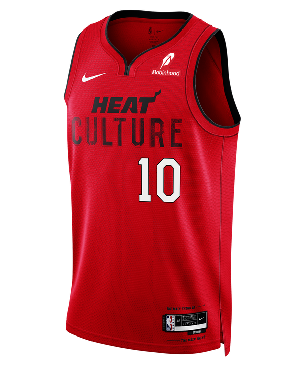 The Tim Hardaway Jr. Nike HEAT Culture: Blood Red Youth Swingman Jersey features “HEAT CULTURE,” number 10, black trim, Nike and Robinhood logos. Pre-order now for Miami Heat fans.