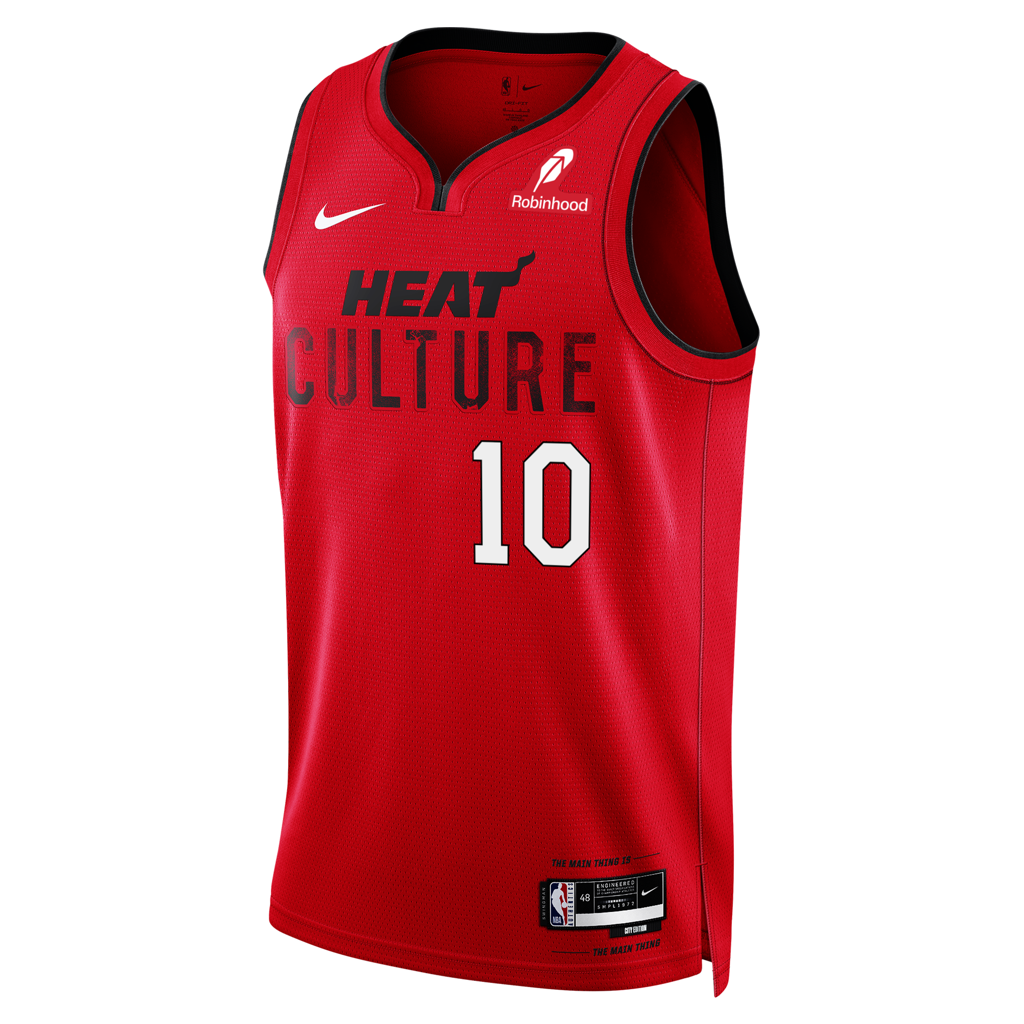 Pre-order the Tim Hardaway Jr. Nike HEAT Culture: Blood Red Swingman Jersey featuring white number 10, bold black and white text, Nike and Robinhood logos. Show your Miami Heat pride in style!.