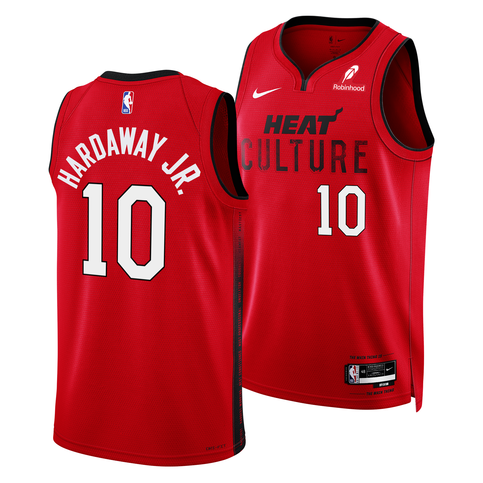 The Tim Hardaway Jr. Nike HEAT Culture: Blood Red Youth Swingman Jersey features number 10 and player name, with official NBA and sponsor logos—perfect for Miami Heat fans seeking authentic team style.