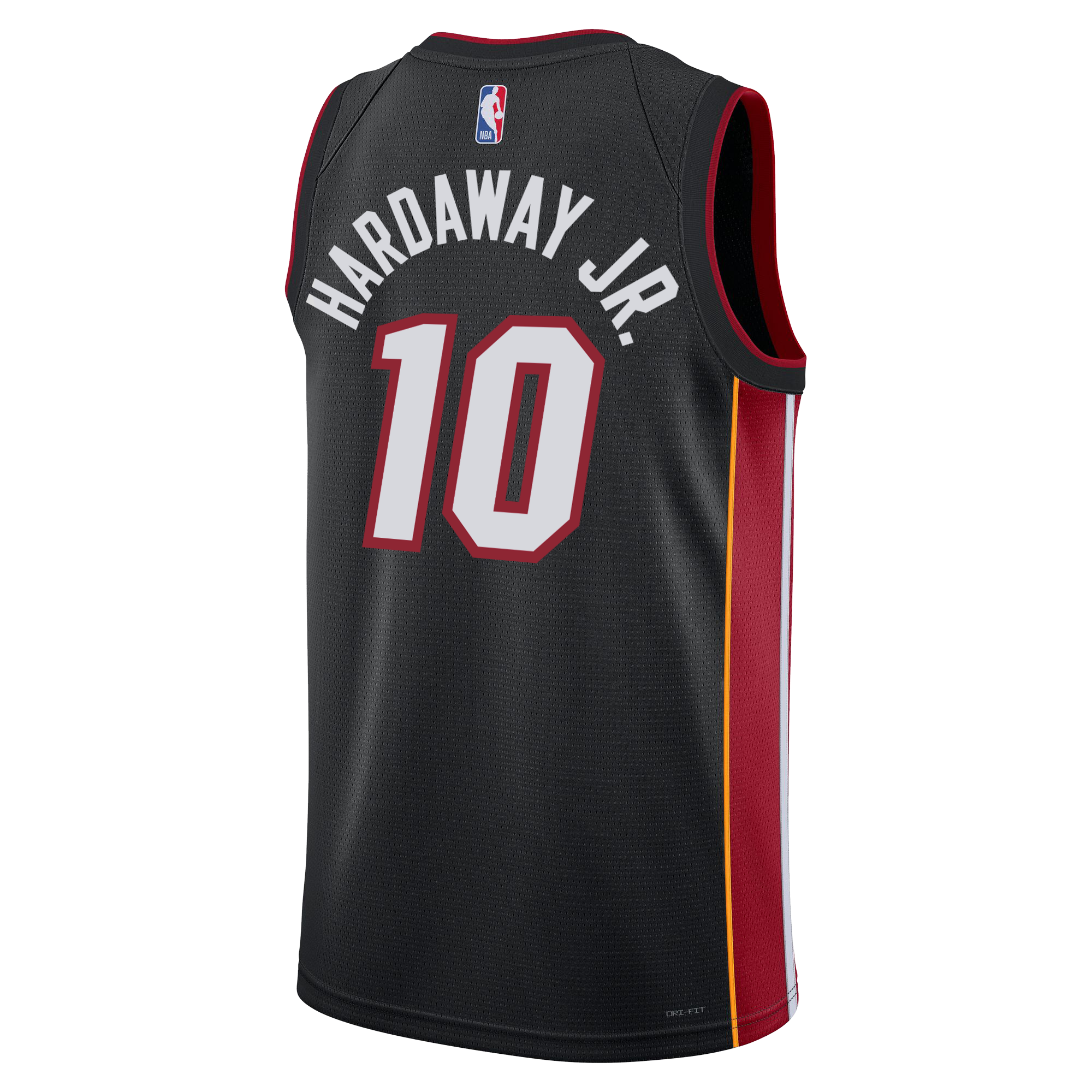 Back of the Nike Tim Hardaway Jr. Miami HEAT Icon Black Youth Swingman Jersey shows red/yellow side panels, heat-applied white/red 10 and HARDWAY JR., plus NBA logo at top.
