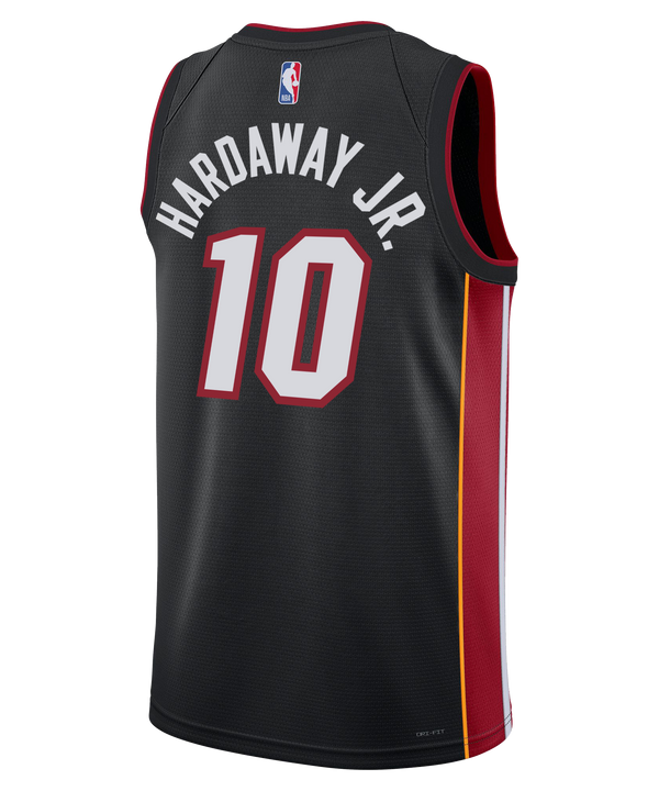 The Tim Hardaway Jr. Nike Miami HEAT Icon Black Youth Swingman Jersey features red and yellow side panels, white MIAMI lettering, number 10 on the front, heat-applied twill, Nike and Robinhood logos, and Dri-FIT moisture-wicking technology.