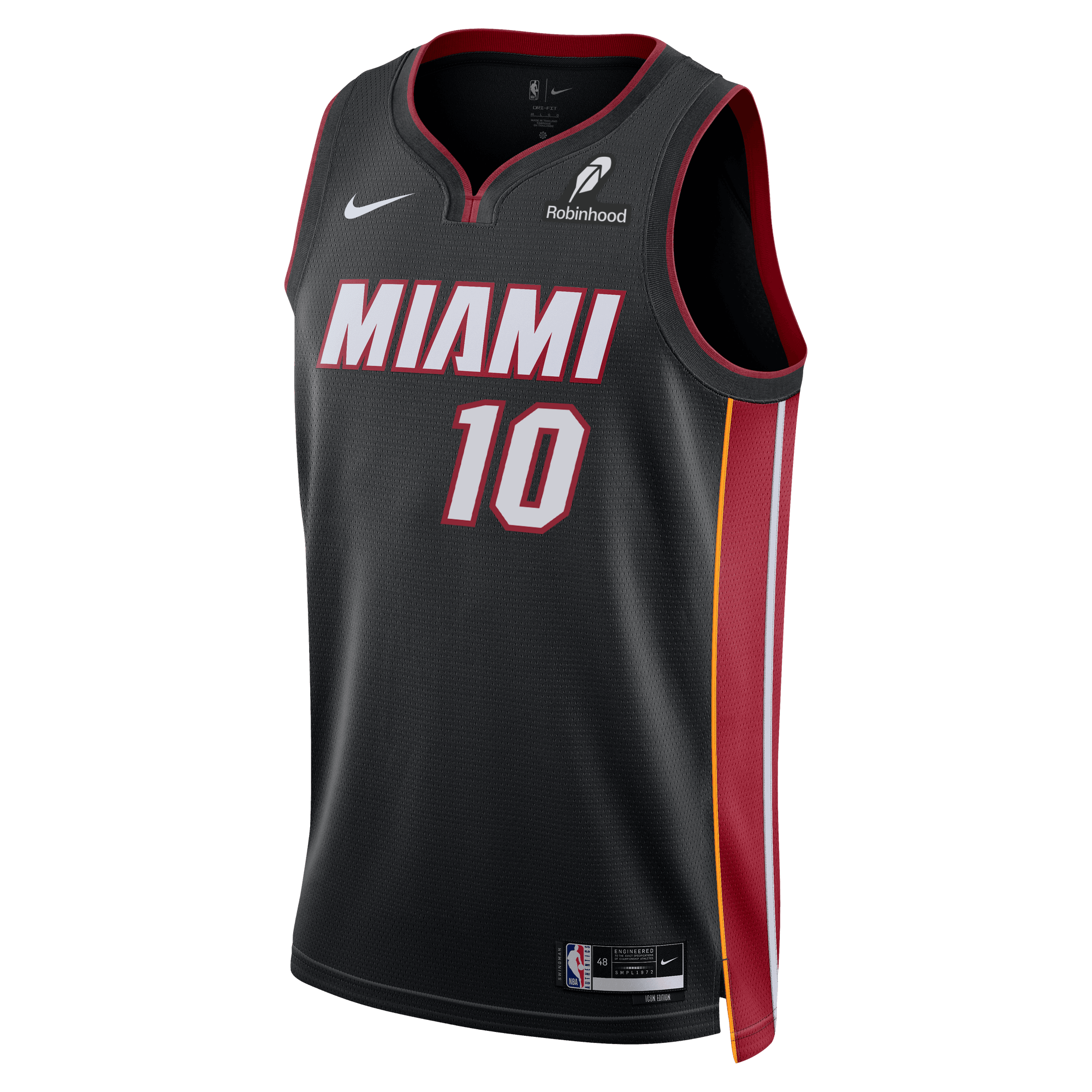 The Tim Hardaway Jr. Nike Miami HEAT Icon Black Youth Swingman Jersey features red and yellow side panels, white MIAMI lettering, number 10 on the front, heat-applied twill, Nike and Robinhood logos, and Dri-FIT moisture-wicking technology.