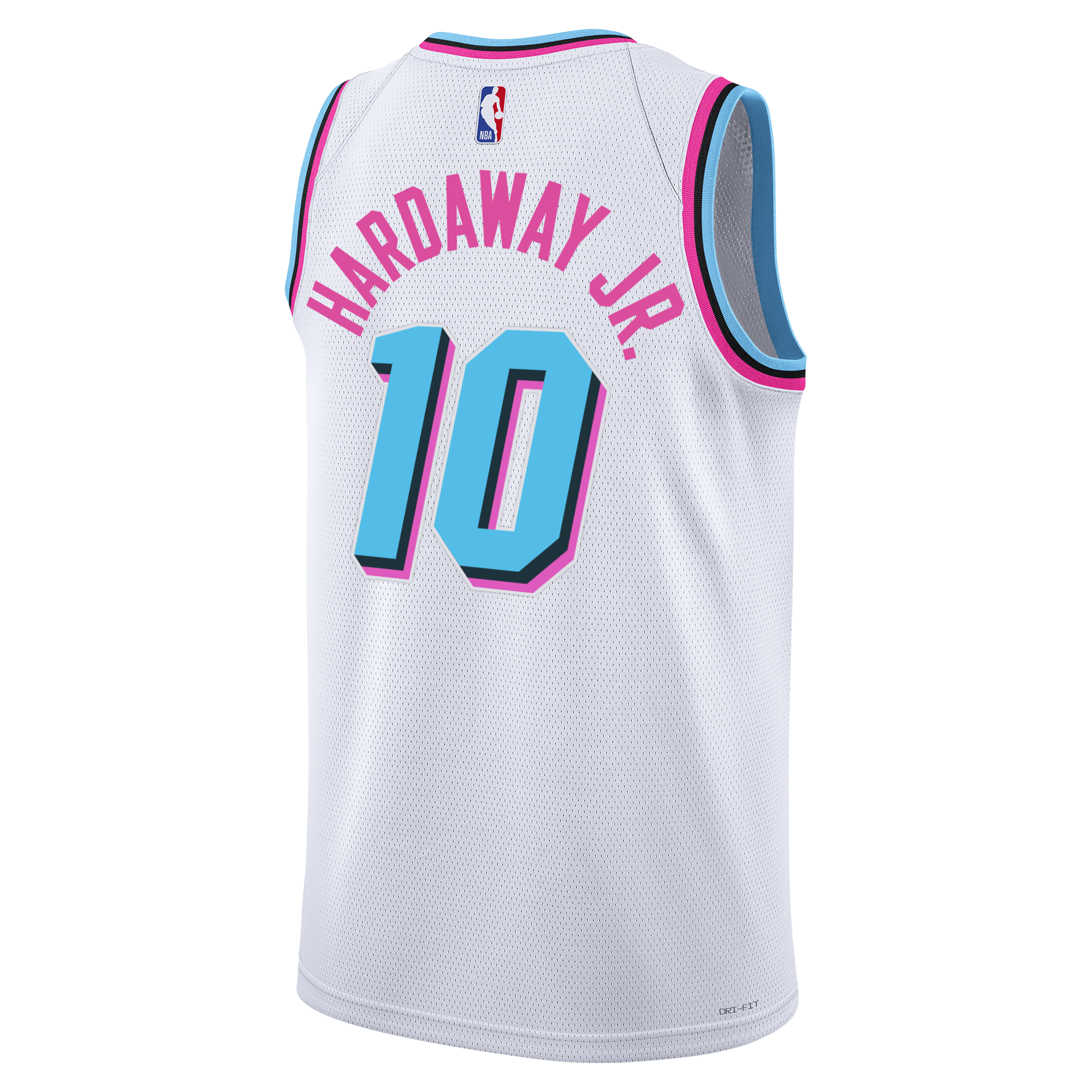 The Nike Tim Hardaway Jr. Original Vice Youth Swingman Jersey is a white Miami Heat City Edition basketball top with blue and pink trim, featuring 