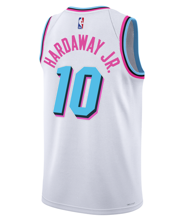 The Nike Tim Hardaway Jr. Original Vice Youth Swingman Jersey features Miami Heat's white City Edition design with pink and blue trim, pink 