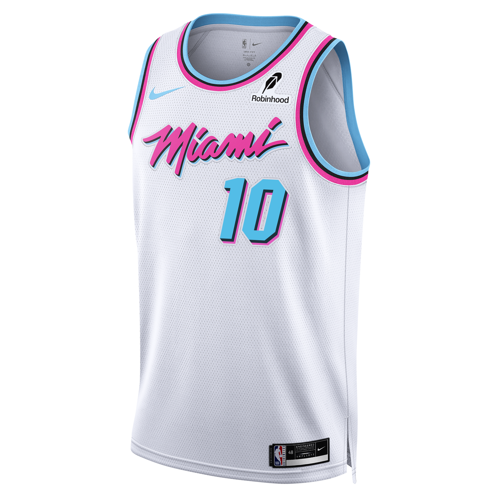 The Nike Tim Hardaway Jr. Original Vice Youth Swingman Jersey features Miami Heat's white City Edition design with pink and blue trim, pink 