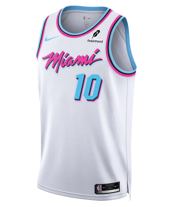 The Tim Hardaway Jr. Nike Original Vice Swingman Jersey features a white base with pink and blue accents, the number 10 in blue with a pink outline, Miami in pink script, plus Nike and Robinhood logos—paying tribute to the iconic City Edition style.