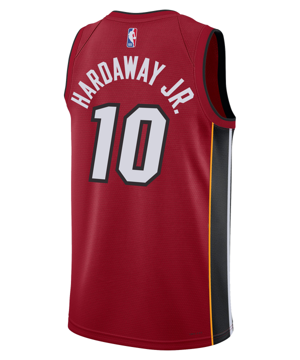 The Tim Hardaway Jr. Nike Jordan Brand Miami HEAT Statement Red Swingman Jersey features gray side panels, yellow trim, number 10 on the front, heat-applied twill numbers, Dri-FIT tech, and Miami Heat, Jordan, and Robinhood logos.