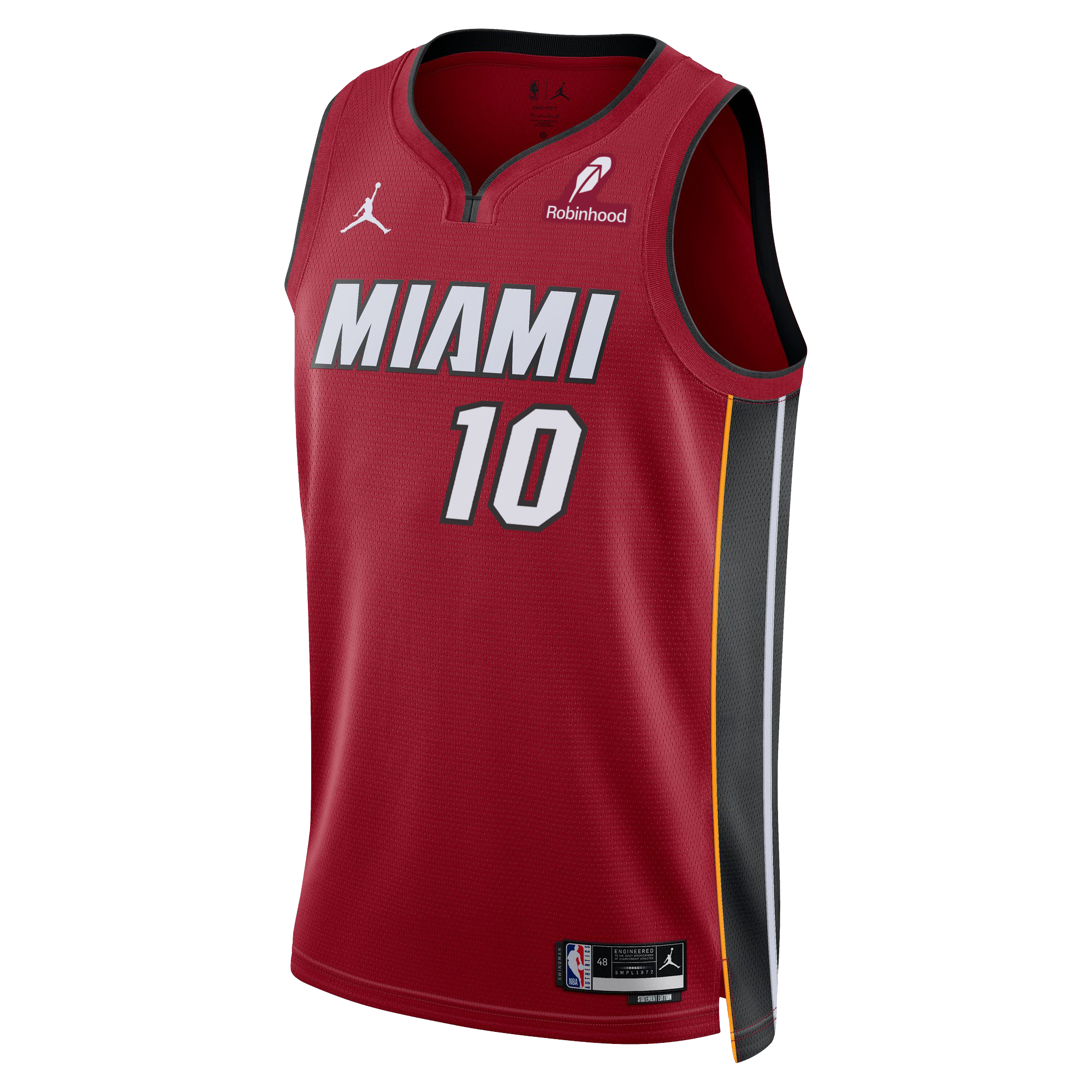 The Tim Hardaway Jr. Nike Jordan Brand Miami HEAT Statement Red Swingman Youth Jersey features black, yellow, and gray side panels, number 10, Robinhood and Jordan sponsor logos, plus breathable Dri-FIT technology to keep you cool.