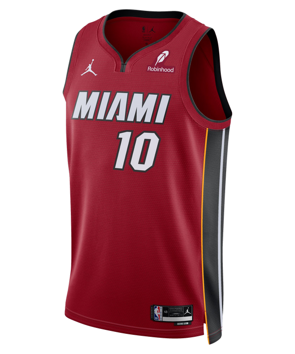 The Tim Hardaway Jr. Nike Jordan Brand Miami HEAT Statement Red Swingman Jersey features gray side panels, yellow trim, number 10 on the front, heat-applied twill numbers, Dri-FIT tech, and Miami Heat, Jordan, and Robinhood logos.