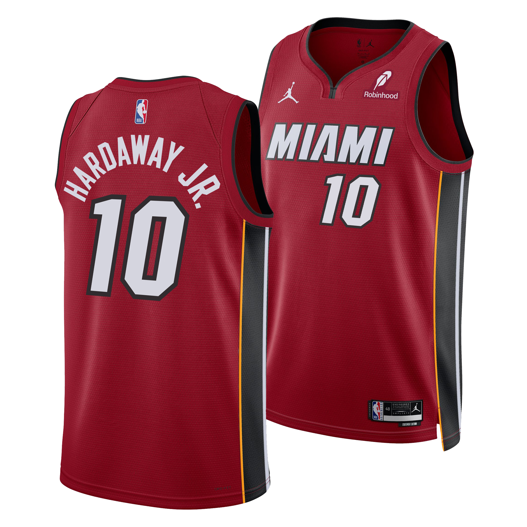 Nike’s Tim Hardaway Jr. Miami HEAT Statement Red Swingman Jersey features number 10 and HARDWAY JR. on the back, MIAMI and 10 on the front, Dri-FIT tech, heat-applied twill, plus official NBA and sponsor logos for authenticity.