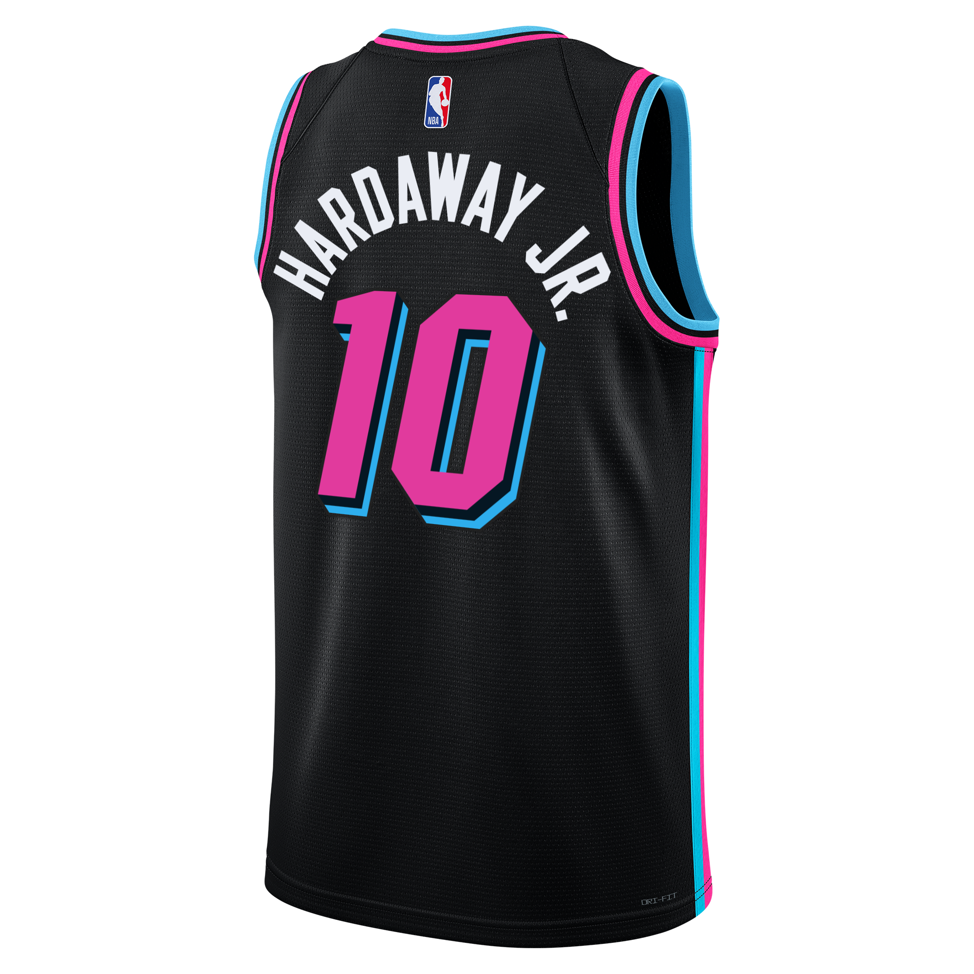 The Nike Tim Hardaway Jr. Original Vice Nights Youth Swingman Jersey features black fabric with blue and pink trim, bold pink number 10 and name, NBA logo, and Dri-FIT technology for moisture-wicking comfort.
