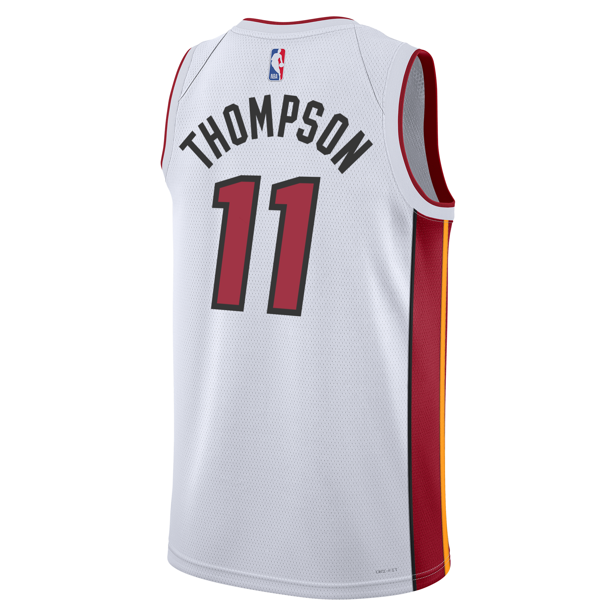 Introducing the Klay Thompson Nike Miami HEAT Association White Swingman Jersey. This Nike basketball jersey features a crisp white design with red and yellow side panels, the name “Thompson” and number 11 on the back, and an NBA logo at the top. Engineered with Dri-FIT technology for enhanced comfort, it also includes heat-applied twill details for a premium finish.