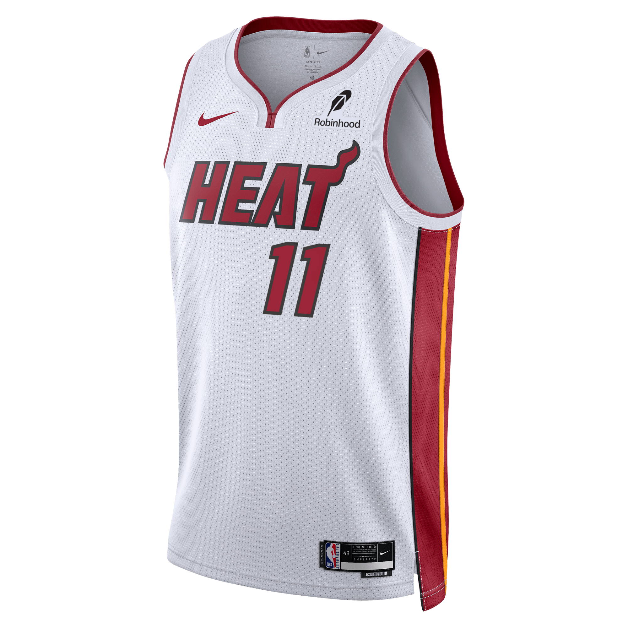 The Klay Thompson Nike Miami HEAT Association White Swingman Jersey by Nike features bold red “HEAT” lettering and number 11 on the front, crafted with durable heat-applied twill. This jersey includes red side panels and displays the Nike, Robinhood, and NBA logos on a clean white background. Enhanced with advanced Dri-FIT technology, it helps keep you cool and comfortable.