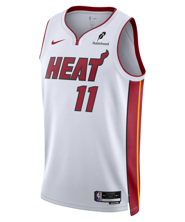 The Klay Thompson Nike Miami HEAT Association White Swingman Jersey by Nike features bold red “HEAT” lettering and number 11 on the front, crafted with durable heat-applied twill. This jersey includes red side panels and displays the Nike, Robinhood, and NBA logos on a clean white background. Enhanced with advanced Dri-FIT technology, it helps keep you cool and comfortable.