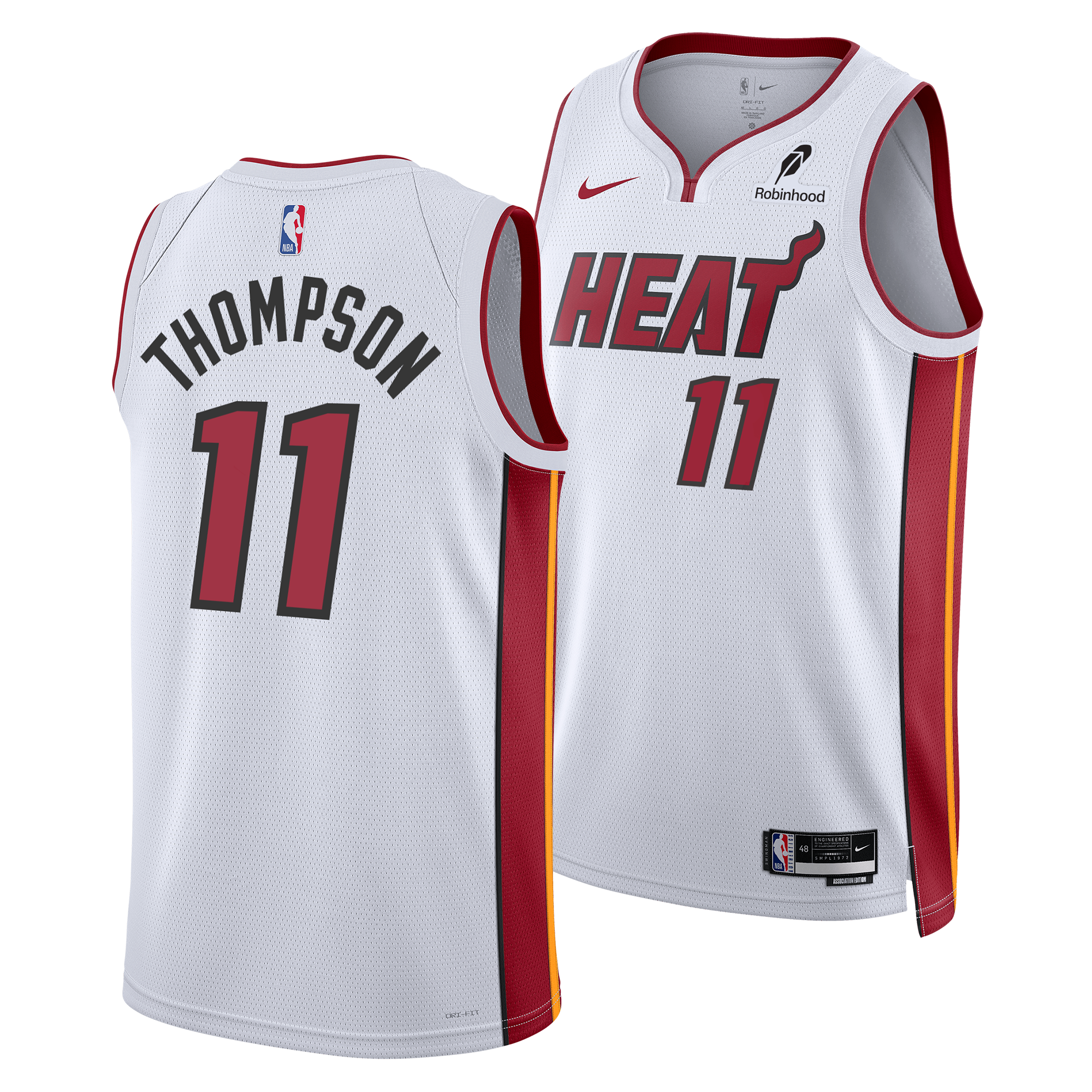 Introducing the Klay Thompson Nike Miami HEAT Association White Youth Swingman Jersey. Crafted by Nike, this youth jersey features a white design with red and yellow side panels and is constructed with heat-applied twill for a premium finish. The front proudly displays “HEAT” and the number 11, while the back showcases “THOMPSON” and 11. Engineered with Dri-FIT technology, it ensures you stay cool and comfortable both on and off the court.