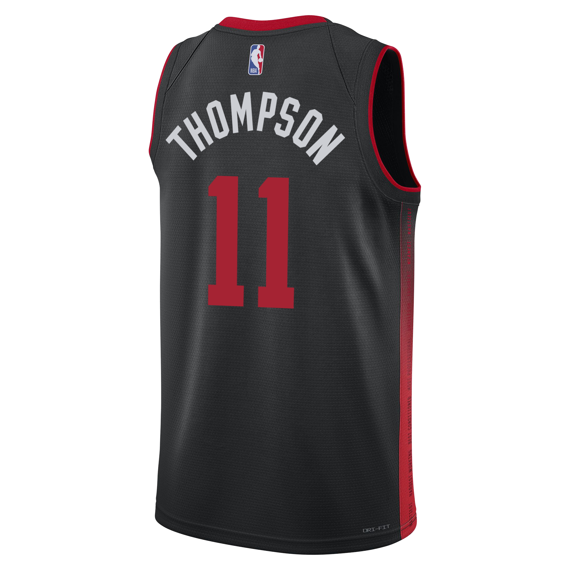 This Klay Thompson Nike HEAT Culture Youth Swingman Jersey by Nike features the 2023-24 Miami HEAT City Edition design in black with red trim, showcasing THOMPSON and the number 11 on the back—a true representation of HEAT Culture.