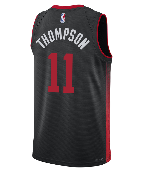 Klay Thompson Nike HEAT Culture Swingman Jersey—a black basketball jersey from the Miami HEAT 2023-24 City Edition collection, featuring the number 11 on the front, bold red trim, “HEAT Culture” design elements, a Nike logo, Robinhood sponsor patch, and NBA logo at the hem.