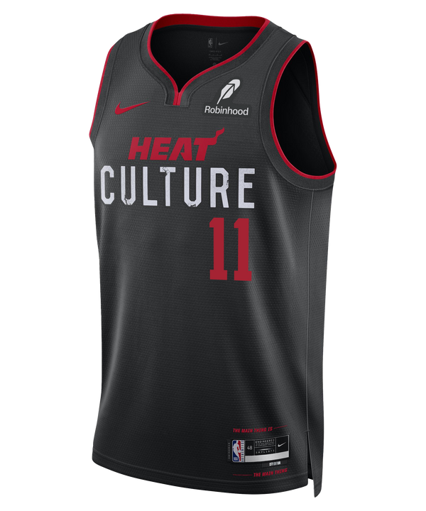 Klay Thompson Nike HEAT Culture Swingman Jersey—a black basketball jersey from the Miami HEAT 2023-24 City Edition collection, featuring the number 11 on the front, bold red trim, “HEAT Culture” design elements, a Nike logo, Robinhood sponsor patch, and NBA logo at the hem.