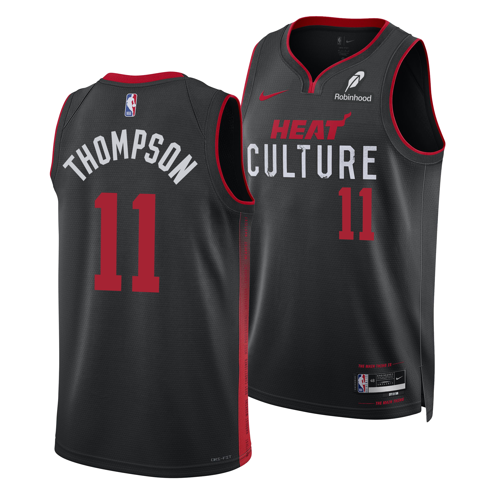 Front and back views of the black Klay Thompson Nike HEAT Culture Swingman Jersey, featuring “HEAT CULTURE,” number 11, “THOMPSON,” red accents, and sponsor logos. This 2023-24 Miami HEAT City Edition NBA uniform is made by Nike.