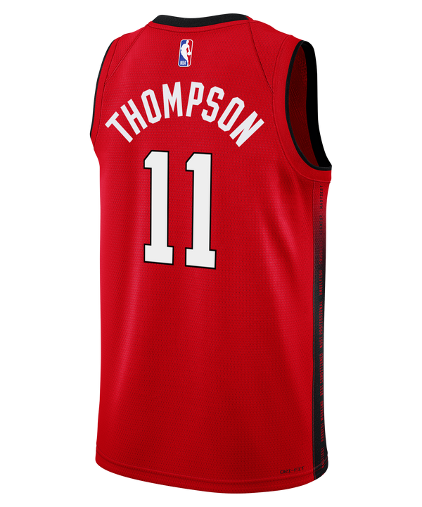 A Klay Thompson Nike HEAT Culture: Blood Red Swingman Jersey featuring “HEAT CULTURE” and the number 11 on the front, designed with Nike’s Dri-FIT technology for breathability and comfort, as well as both Nike and Robinhood logos.