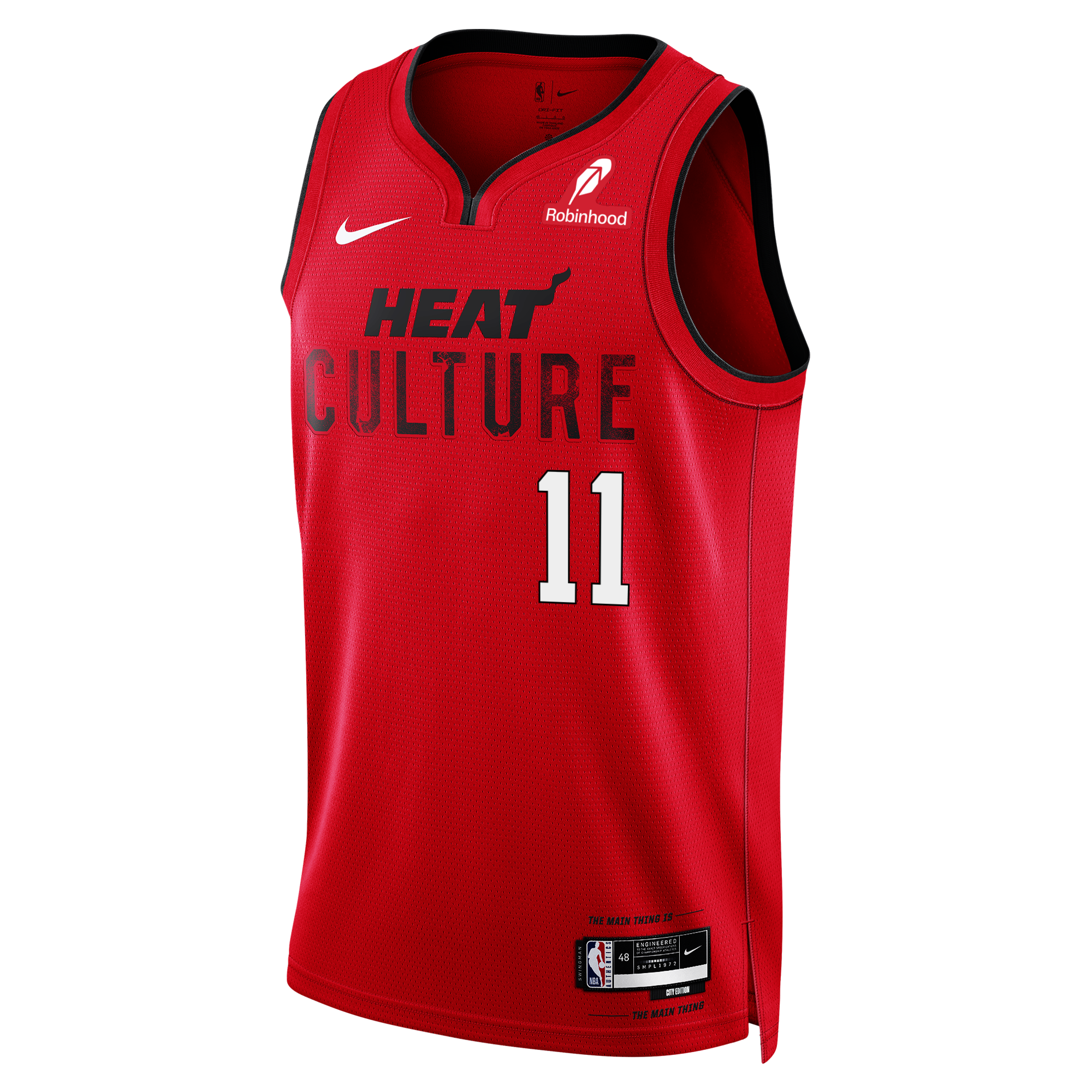 A Klay Thompson Nike HEAT Culture: Blood Red Swingman Jersey featuring “HEAT CULTURE” and the number 11 on the front, designed with Nike’s Dri-FIT technology for breathability and comfort, as well as both Nike and Robinhood logos.