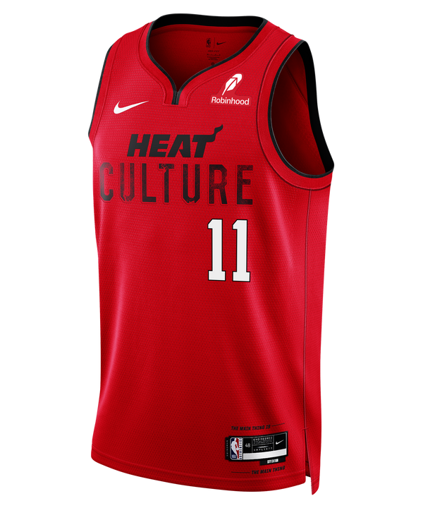A Klay Thompson Nike HEAT Culture: Blood Red Swingman Jersey featuring “HEAT CULTURE” and the number 11 on the front, designed with Nike’s Dri-FIT technology for breathability and comfort, as well as both Nike and Robinhood logos.