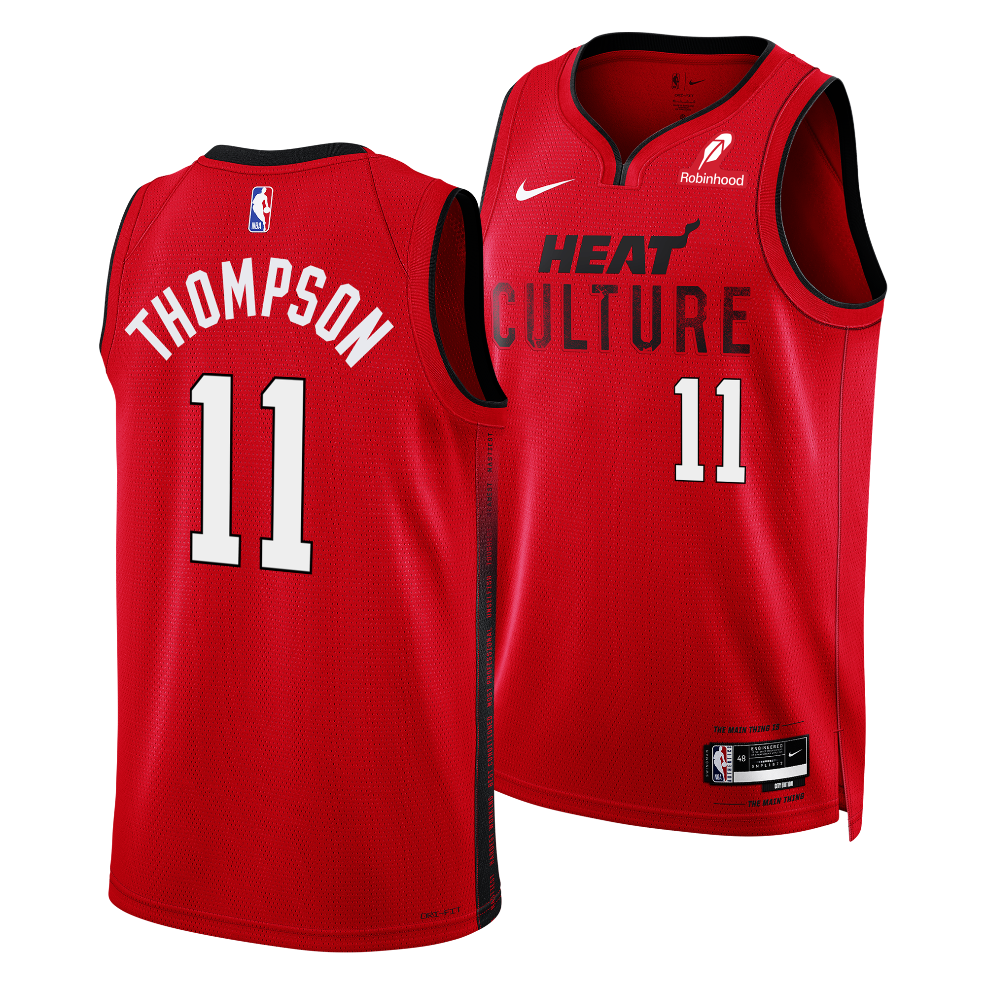 The Klay Thompson Nike HEAT Culture: Blood Red Swingman Jersey features the iconic Miami Heat “HEAT CULTURE” and number 11 on the front, with “THOMPSON” and number 11 on the back. This Nike jersey incorporates Dri-FIT technology for superior comfort, and proudly displays both NBA and Nike logos.