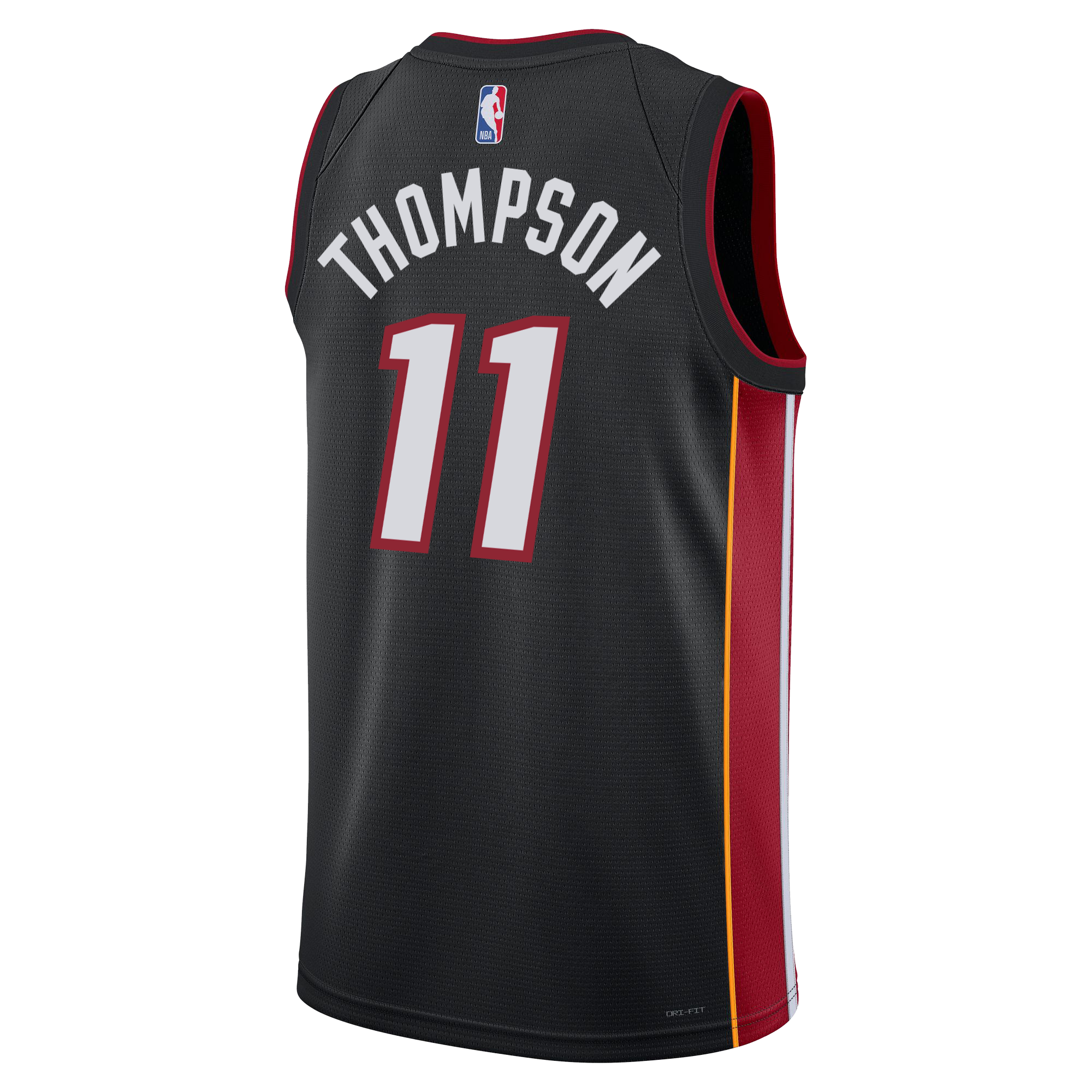 The Klay Thompson Nike Miami HEAT Icon Black Swingman Jersey by Nike features bold red and yellow side stripes and displays the name THOMPSON along with the number 11 in white on the back, highlighting authentic team details throughout its design.