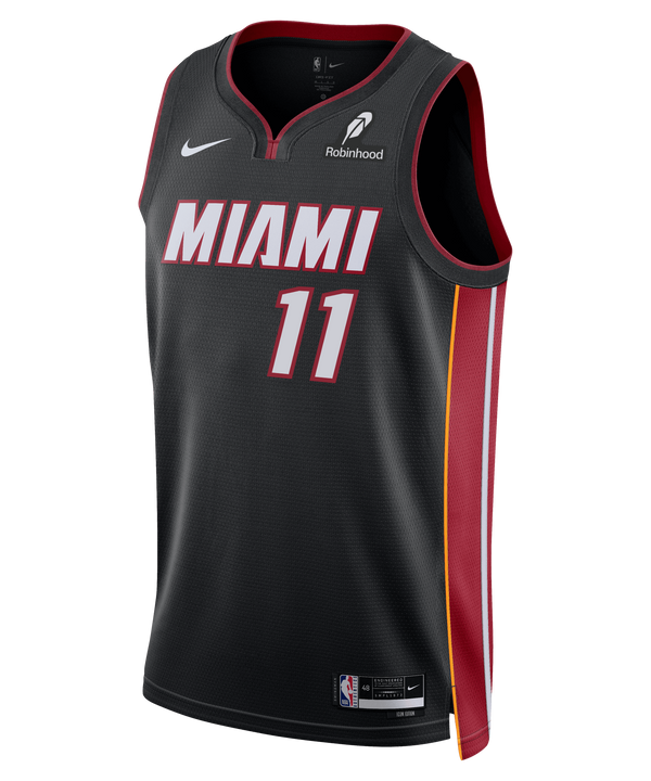 The Klay Thompson Nike Miami HEAT Icon Black Swingman Jersey features bold red and white “MIAMI” lettering, the number 11, Nike and Robinhood logos, and vibrant yellow-red side stripes. Made with Dri-FIT technology for superior comfort, this authentic Nike jersey showcases true team details and is presented against a plain white background.