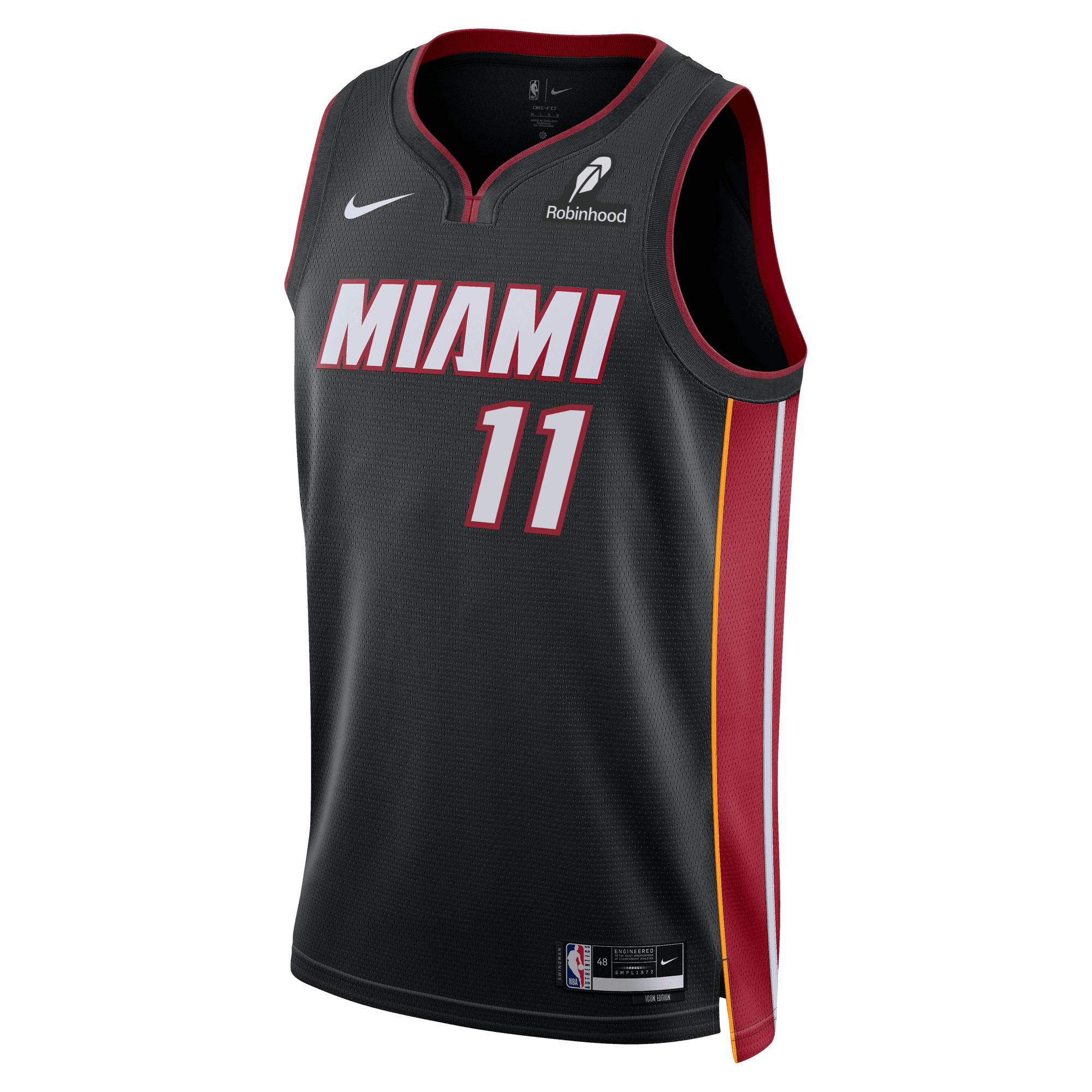 A black Nike Miami HEAT Icon Youth Swingman Jersey featuring Klay Thompson’s number 11 and bold MIAMI lettering in red and white trim, designed with Nike Dri-FIT technology for superior comfort, plus Robinhood logos and an NBA logo patch near the hem.