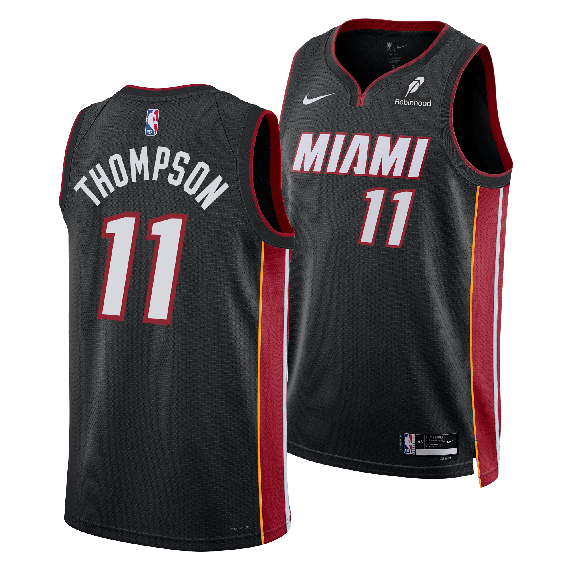 Show your support for the Miami Heat with the Klay Thompson Nike Miami HEAT Icon Black Swingman Jersey. This jersey features a black design with bold red trim, showcasing number 11 and “Thompson” on the back. Team details are highlighted on the front along with the Nike and Robinhood logos above the team name, while advanced Nike Dri-FIT technology ensures all-day comfort both on and off the court.