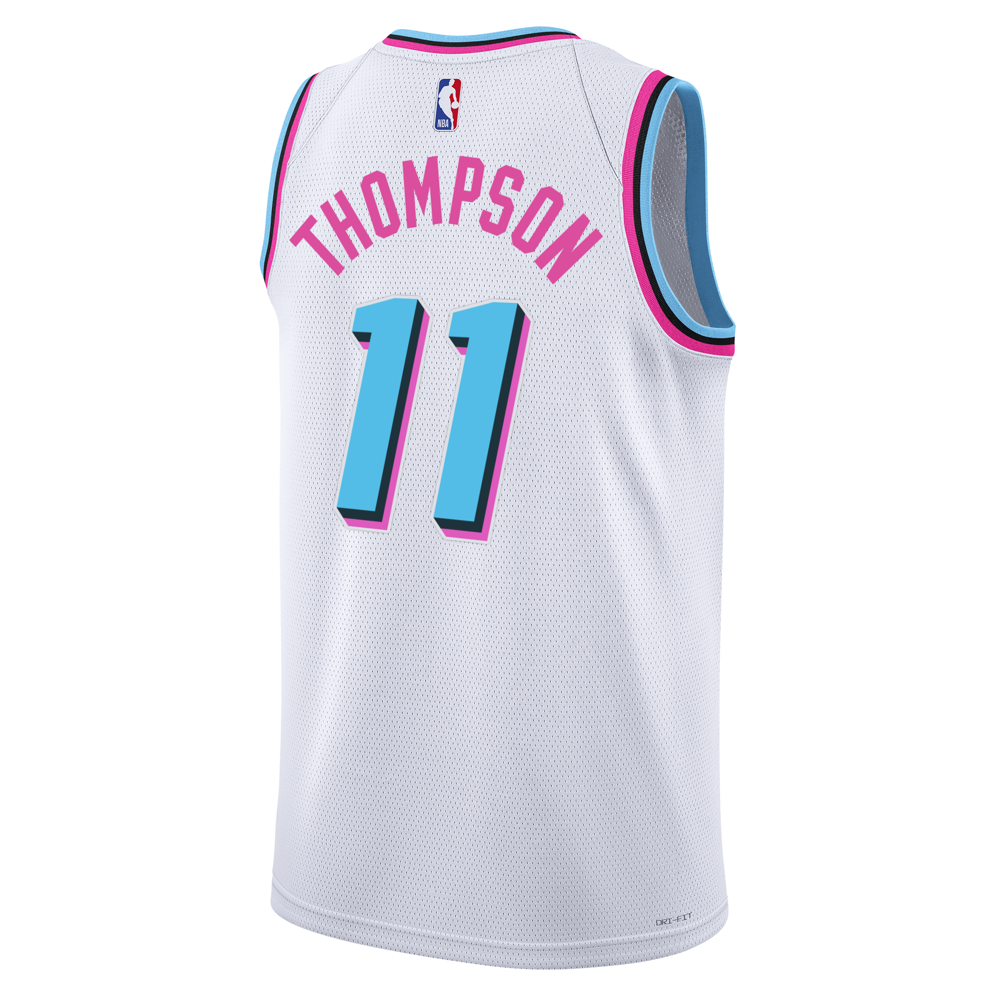 The Klay Thompson Nike Original Vice Youth Swingman Jersey by Nike is a white NBA basketball jersey accented with pink and blue trim, inspired by the Miami HEAT Vice design, and showcases “THOMPSON” and the number 11 on the back in bold blue and pink lettering.