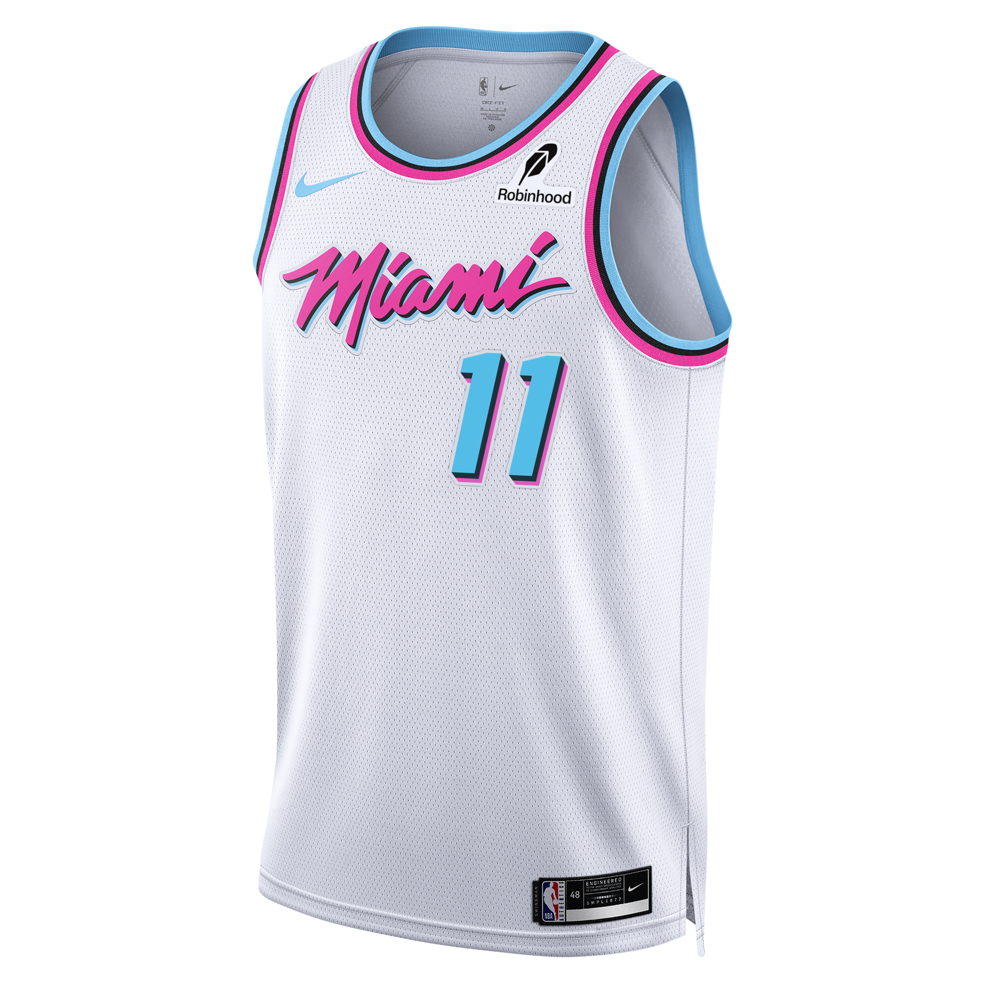 The Klay Thompson Nike Original Vice Youth Swingman Jersey by Nike features a white base with pink and blue trim, the number 11, “Miami” in pink script, and both the Robinhood and Nike logos on the chest—capturing the bold style of an iconic NBA basketball jersey.