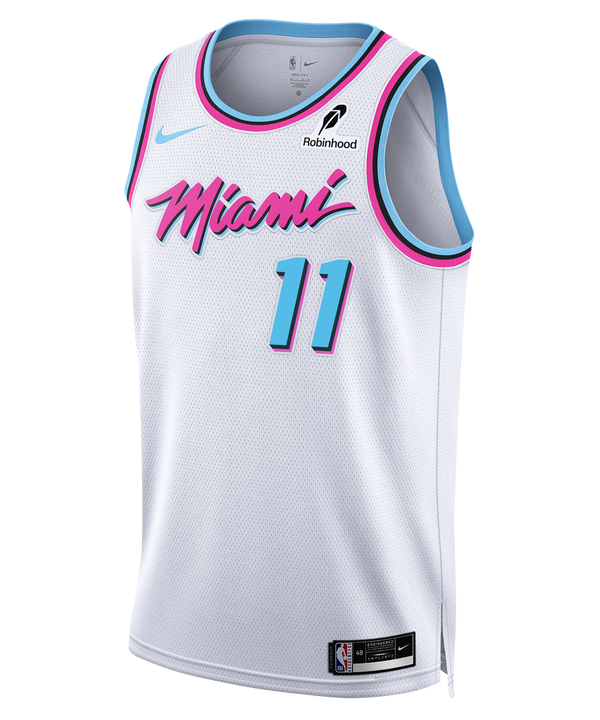 The Klay Thompson Nike Original Vice Youth Swingman Jersey by Nike features a white base with pink and blue trim, the number 11, “Miami” in pink script, and both the Robinhood and Nike logos on the chest—capturing the bold style of an iconic NBA basketball jersey.